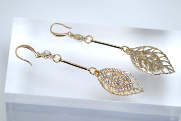 Gold Leaf Drop Earrings, Long Bridal Jewelry, Bridal Earrings, Crystal Bridal Earrings, Statement Leaves Earrings Cz
